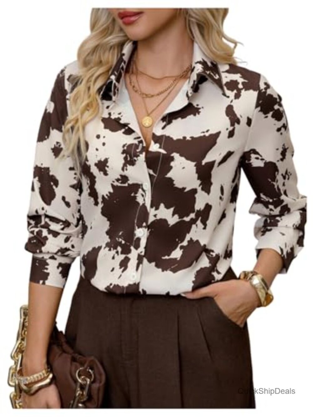 WDIRARA Women's Cow Print Button Down Long Sleeve Collared Blouse Work Top